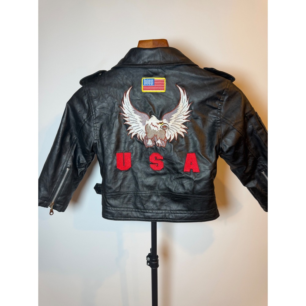 Outdoor Habitat Kids 4T Black Faux Leather Biker Jacket USA Eagle Patriotic